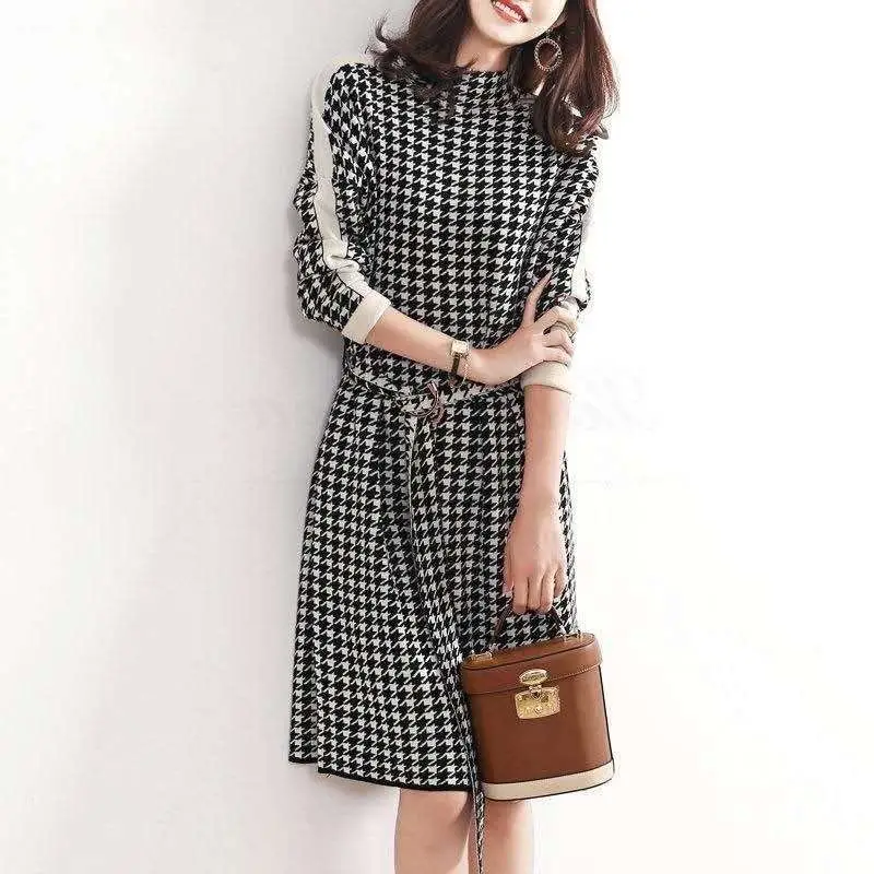 Female Clothing Houndstooth Spliced Dresses Vintage Half High Collar Autumn Winter New Elegant A-Line Sashes Bandage Midi Dress