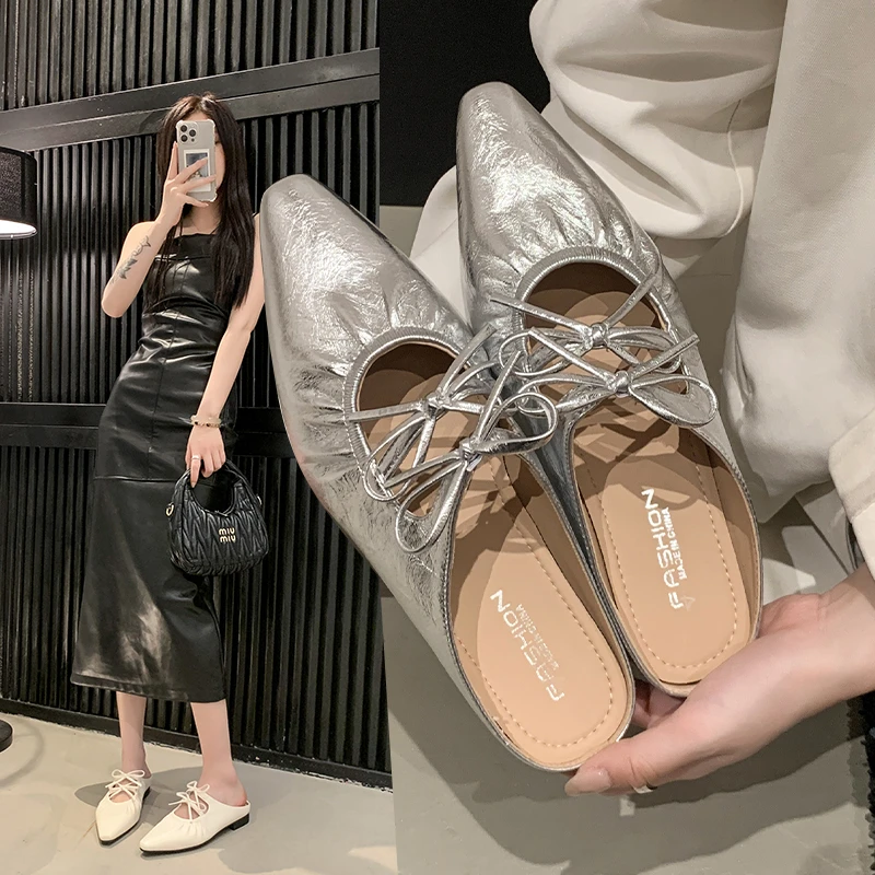 

2025 Women's Fashion Slippers Pointed Toe Square Heels Thin Strap Bow Fashion Sandals Soft Leather Comfortable with Skirt Shoes