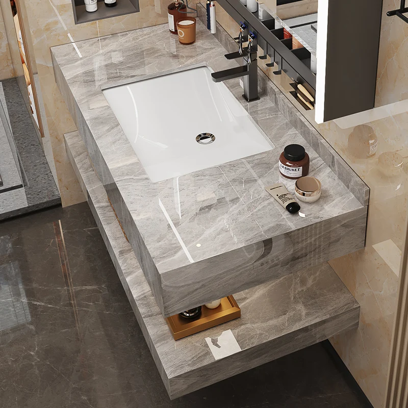 Hotel simple glossy rock slab washbasin toilet waterproof bathroom cabinet combination washbasin full set