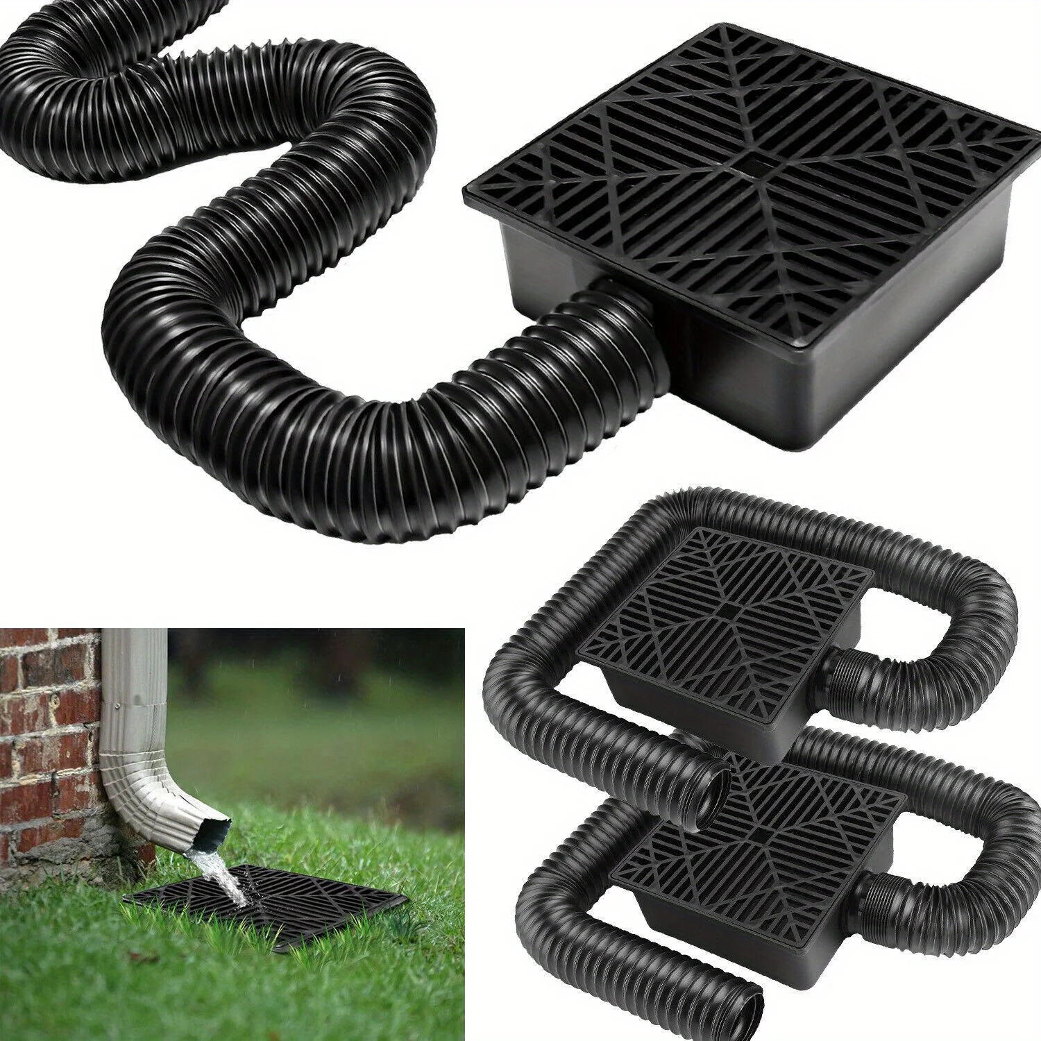 

2pcs Gutter Downspout Extension Low Profile No Deep Digging Catch Basin Downspout Extender with 4. 9FT Flexible Extendable Hose For House Foundation Protection