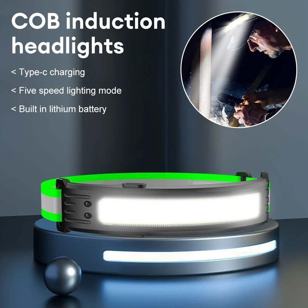 

COB LED Induction Headlamp Type-C Charging Headlight Outdoor Camping Fishing Lamp Waterproof Flashlight Night Running Light