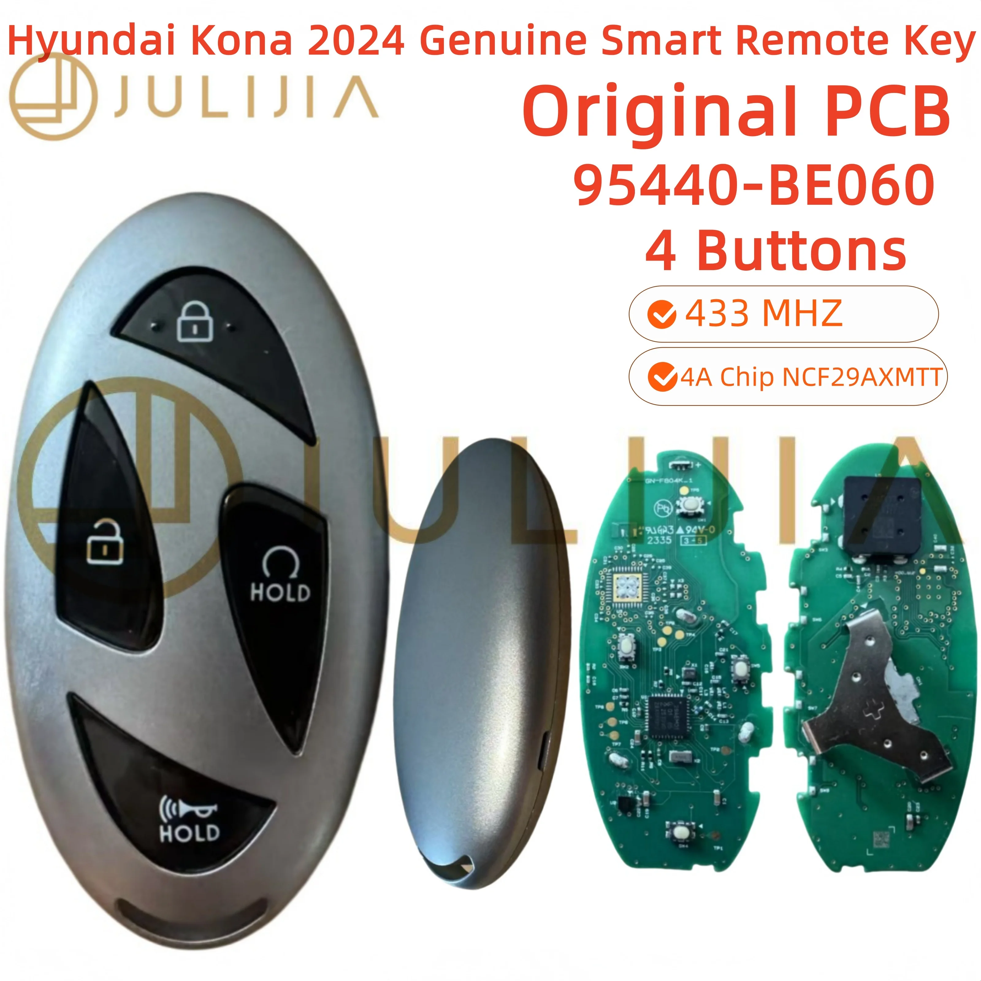 JULIJIA For Hyundai Kona ID 4A Chip 2024 Genuine PCB Smart Remote Key 433MHz After Market Key Shell 4 Buttons 95440-BE060