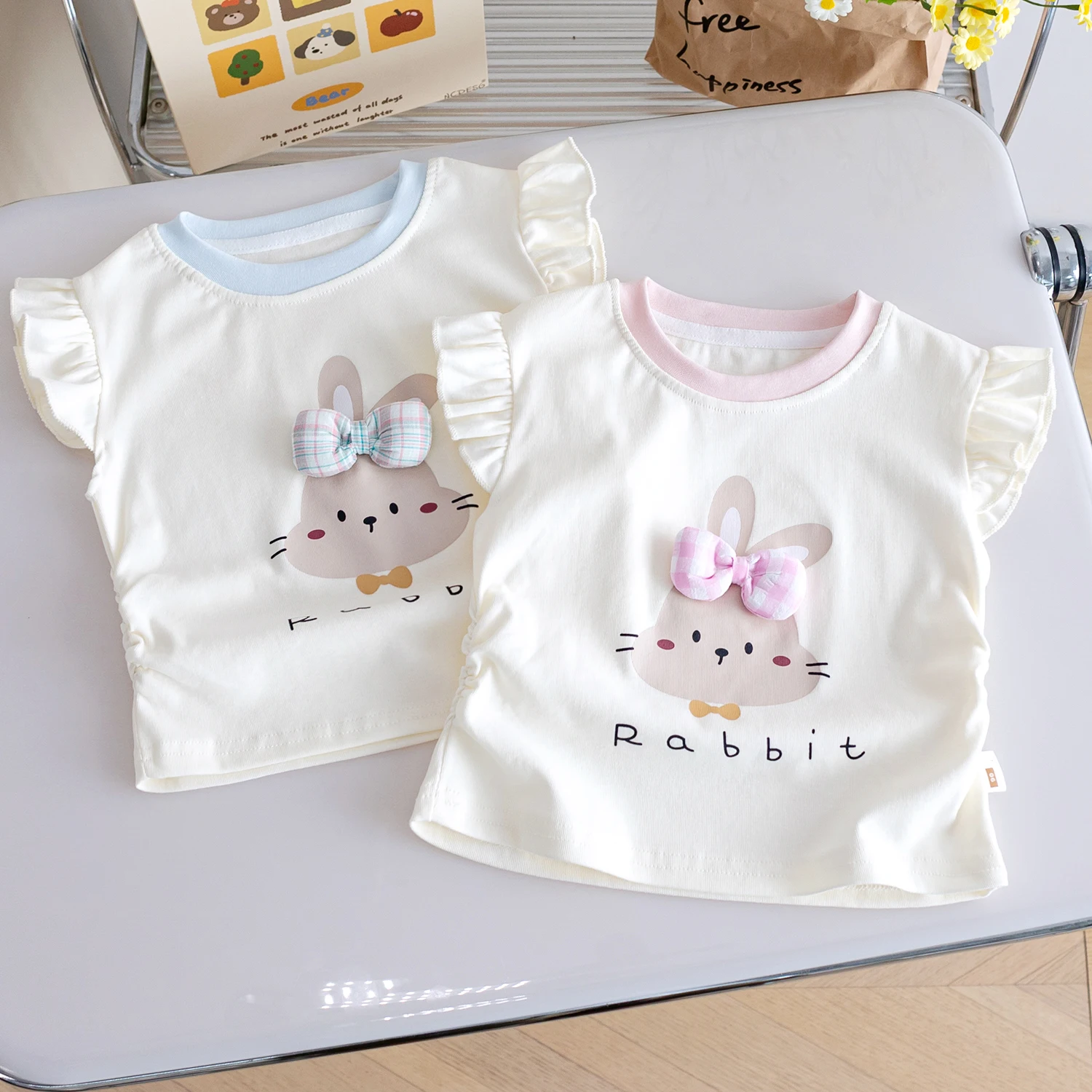 الصيف الفتيات القطن تي شيرت الكرتون الأرنب المطبوعة جولة الرقبة قصيرة الأكمام أعلى طفل الفتيات الحلو القوس فضفاض تي شيرت #2