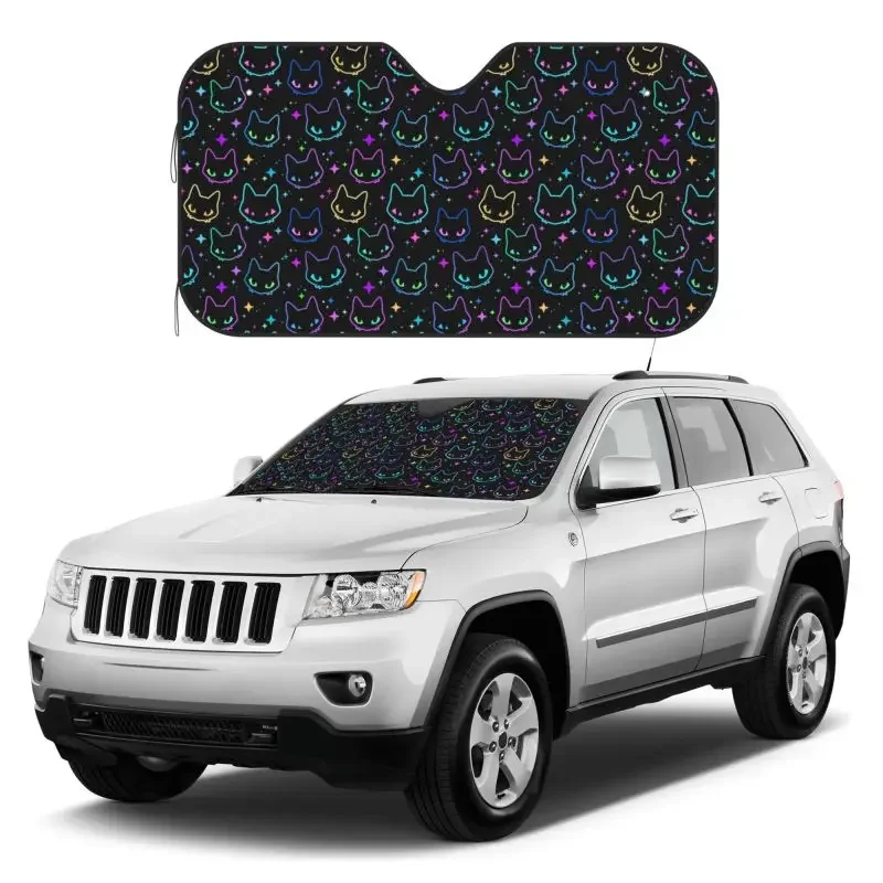 

Colorful Cat Heads with Bright Star Black Car Windshield Sunshade Foldable UV Ray Sun Visor Protector Auto Sun Shade 55x30 Inch
