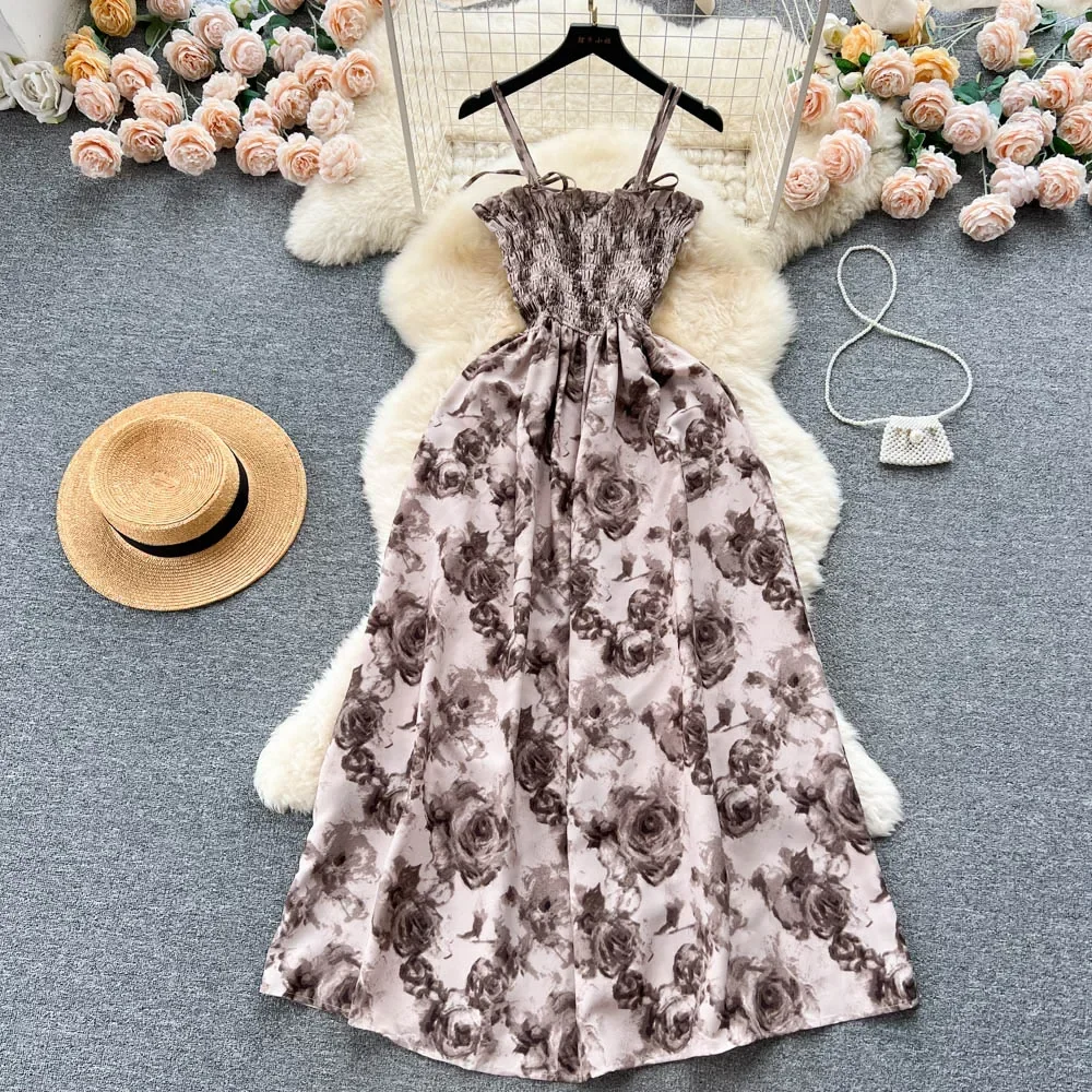 2024 New Summer Korean Fashion Rose Flower Print Romantic Retro Party Dress Elastic High Waist Vacation Long Dress Beach Vestido