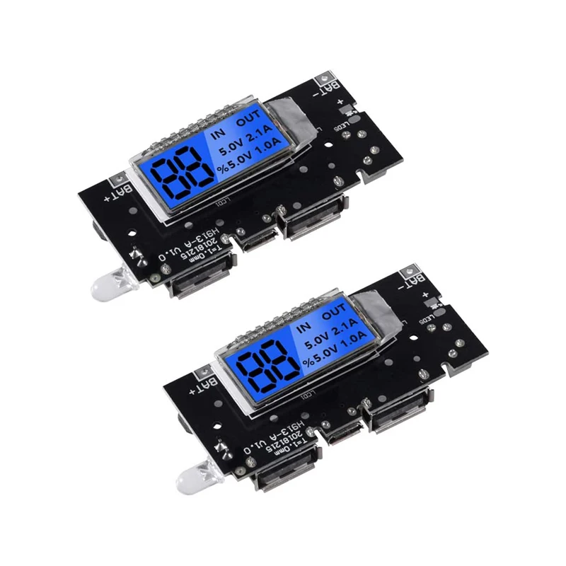 2 Pack 18650 Battery Charger Protection Module Dual USB 5V 1A 2.1A Buck Module with BMS Protection Digital LCD Display Indicator