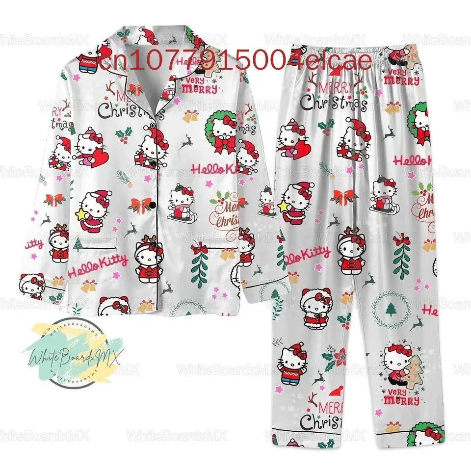 Hello Kitty Christmas Pajamas Set 3d Printed Casual Men's and Women's Long Sleeve Shirt Pajama Set