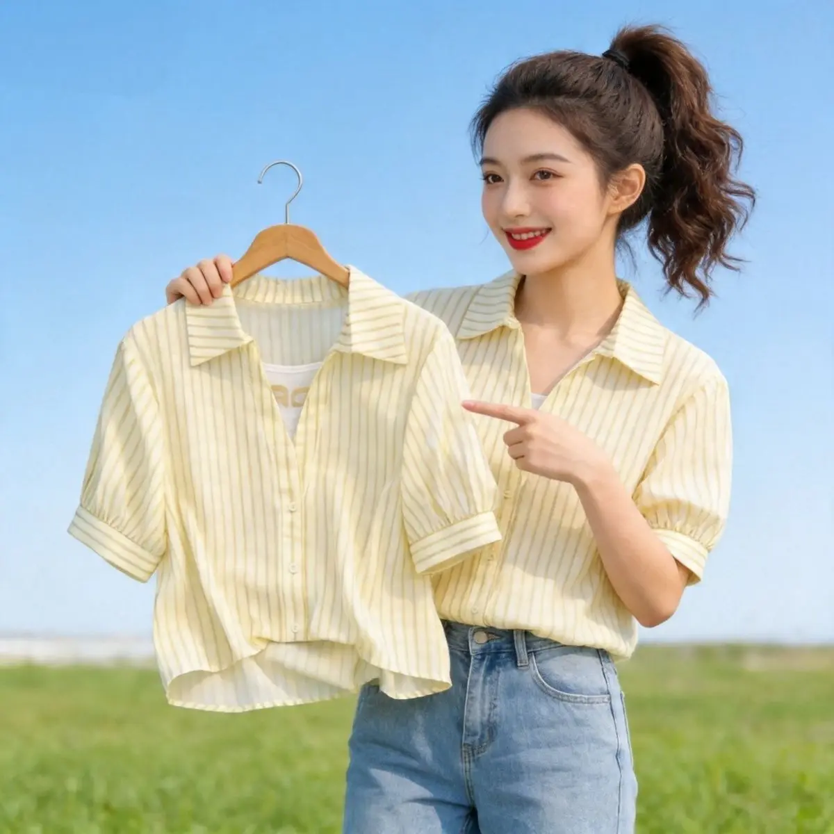

Slimming Effectiveness Summer New Loose Striped Short Sleeve Shirt Women's Casual Versatile Salt System Style Faux Two-Piece Top