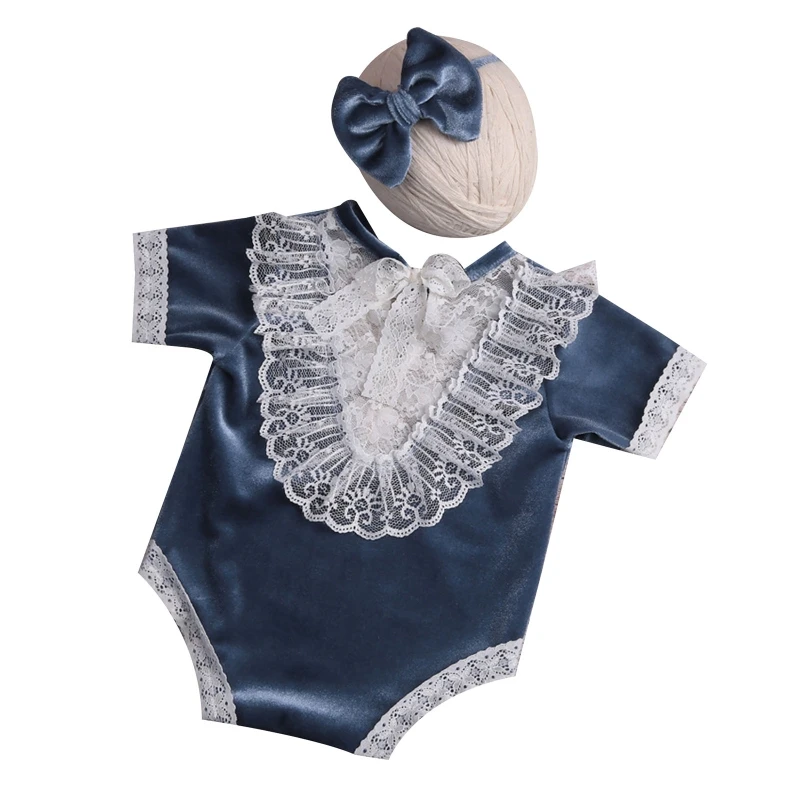 2025 New Infant Baby Photo Romper Jumpsuit Short Sleeves Breathable Bodysuit Soft Velvet Lace Neckline Photography Bow Hair Tie