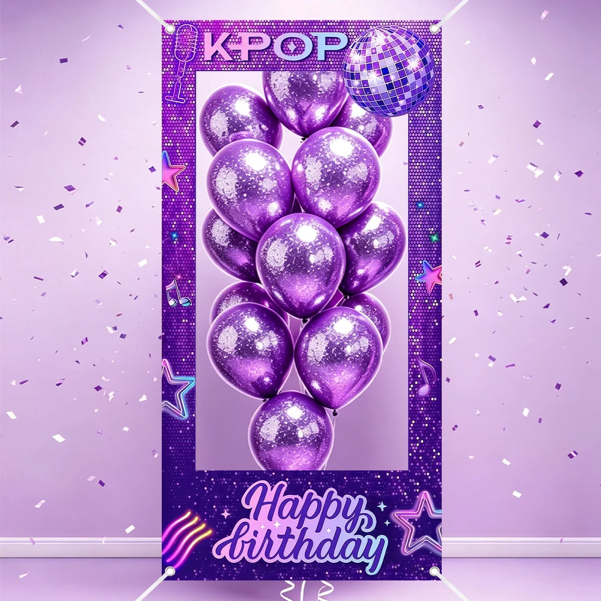1 Stück Lila K-POP Fotorahmen-Hintergrund mit Happy Birthday Muster aus Polyester für K-POP Themen-Geburtstagsfeiern – Detail 4