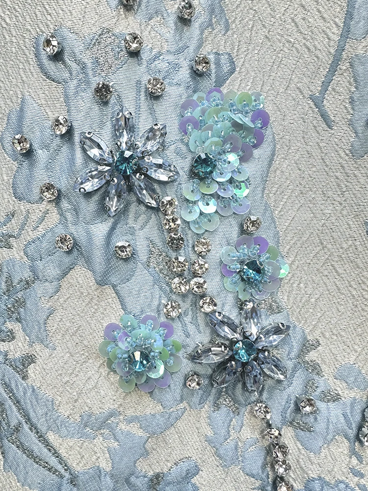 Luxury Heavy Jacquard Fabrics Women Short Sleeve Dress High Quality Sequins Beads Diamonds O-neck Elegant Slim A-line Lady Dress