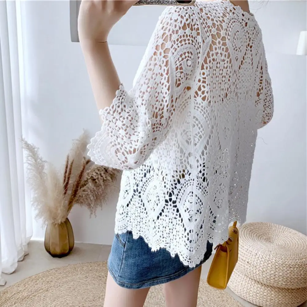 Кружевной кардиган ручной работы, вязаный крючком, женский кардиган 2025, рукав 3/4, ажурный прозрачный свитер с открытой передней частью, летний вязаный свитер в стиле бохо