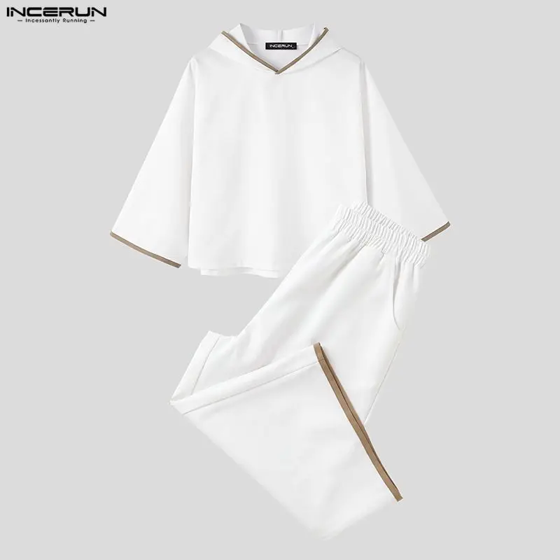 Men's Sets Casual Patchwork Loose Hooded 3/4 Sleeve Hoodies Pants Two Piece Sets Streetwear Tracksuits Men Matching Sets INCERUN