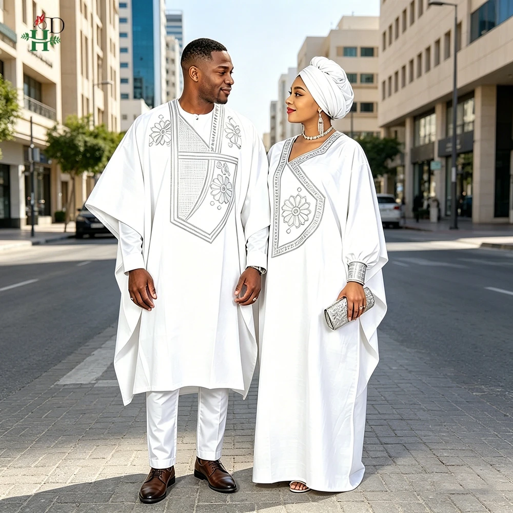 H&D African Clothes for Men Traditional Rich Bazin Original Embroidery White Clothing Men 3 PCS Set Wedding Party Occasion 2024