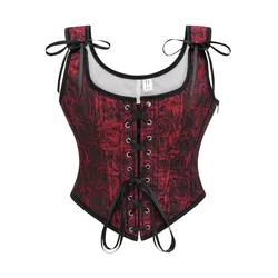 Red Floral Print Overbust Vintage Lace Up Corset Vest Goth Bustier Top Burlesque Costume Women Steampunk Clothing Waist Trainer