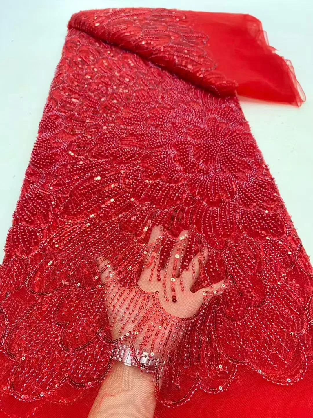 قماش دانتيل تول مطرز بالترتر النيجيري الأفريقي ، فساتين حفلة موسيقية من الخرز الخياطي ، جودة عالية ، 5 ياردات ، 2025 DP0449