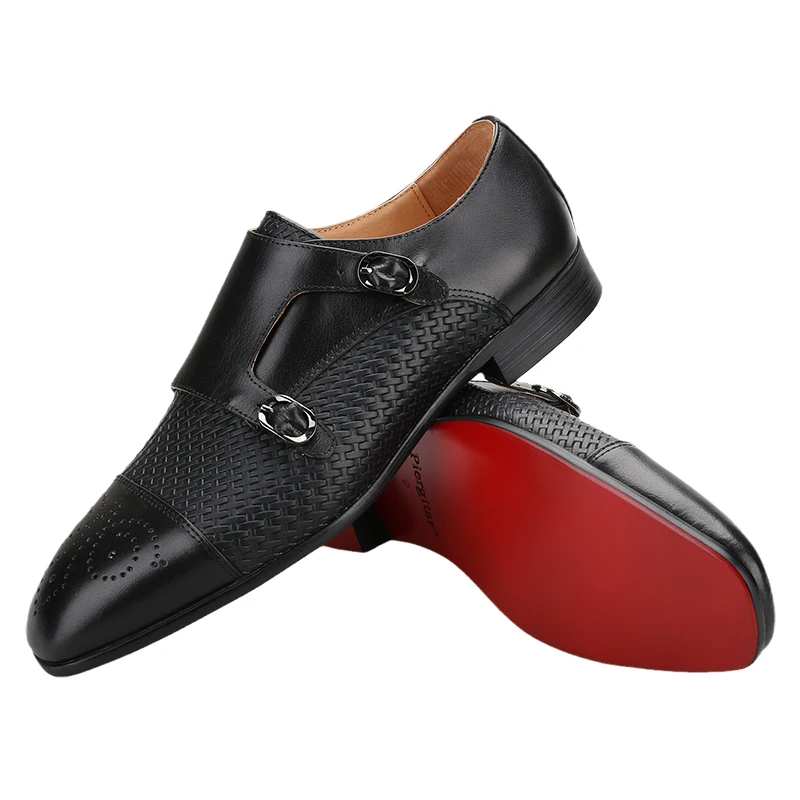 Piergitar Black Woven Calfskin Belgian Monk Shoes With Handmade Brogue Engrave Red Bottom Men Formal Shoes For Wedding Suit Wear
