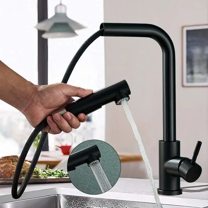 Matte Black Pull Out Kitchen Sink Faucet Two Model Stream Sprayer Nozzle Stainless Steel Hot Cold Wate Mixer Tap Deck Faucet