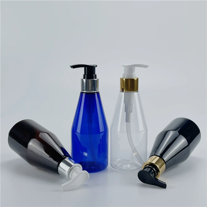 Clear Black Brown Blue 200ML X 25 Plastic Conical Bottle With Anodized Aluminum Lotion Pump Dispenser Shower Gel Shampoo Bottles