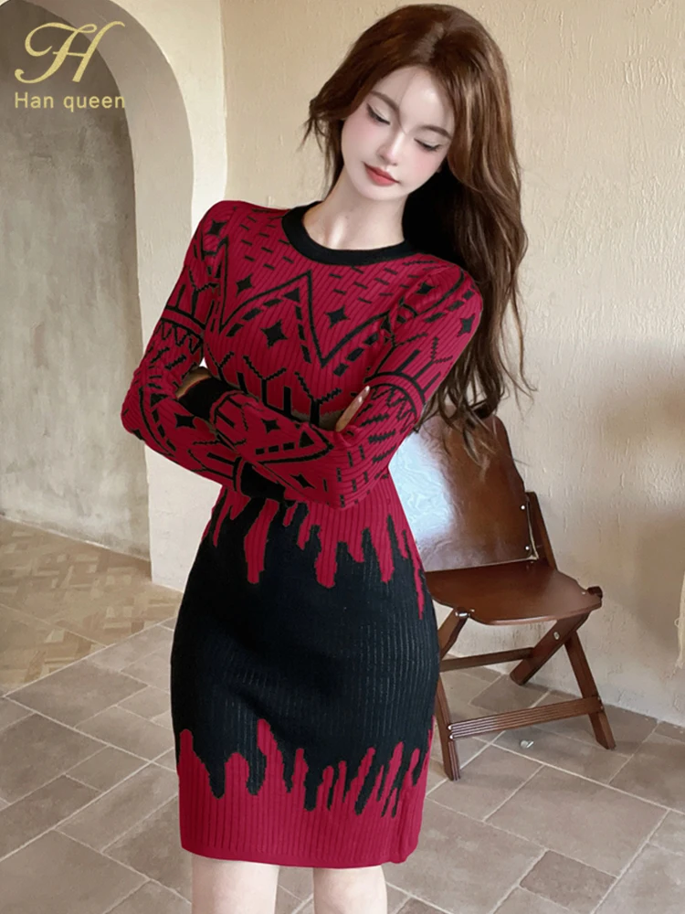 H Han Queen Geometric Pattern Knitted Dress Autumn Chic French Style Vintage Dress Elastic Women Bodycon Sheath Pencil Dresses