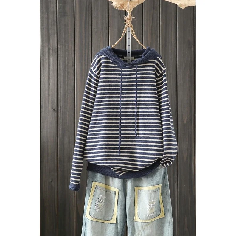 الراقية المرأة طويلة Sve محبوك سترة فضفاضة تناسب مقنعين مخطط العلوي الخريف الشتاء حجم كبير رداء علوي غير رسمي مريح