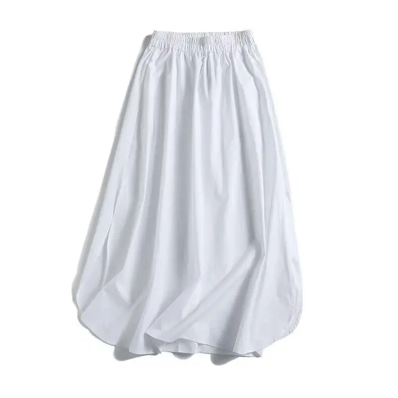 Maxdutti Southern France Fashion Elegant Cotton Midi Skirt Woman Clothes Minimalist Style Elastic Waist White Skirts Faldas 2027