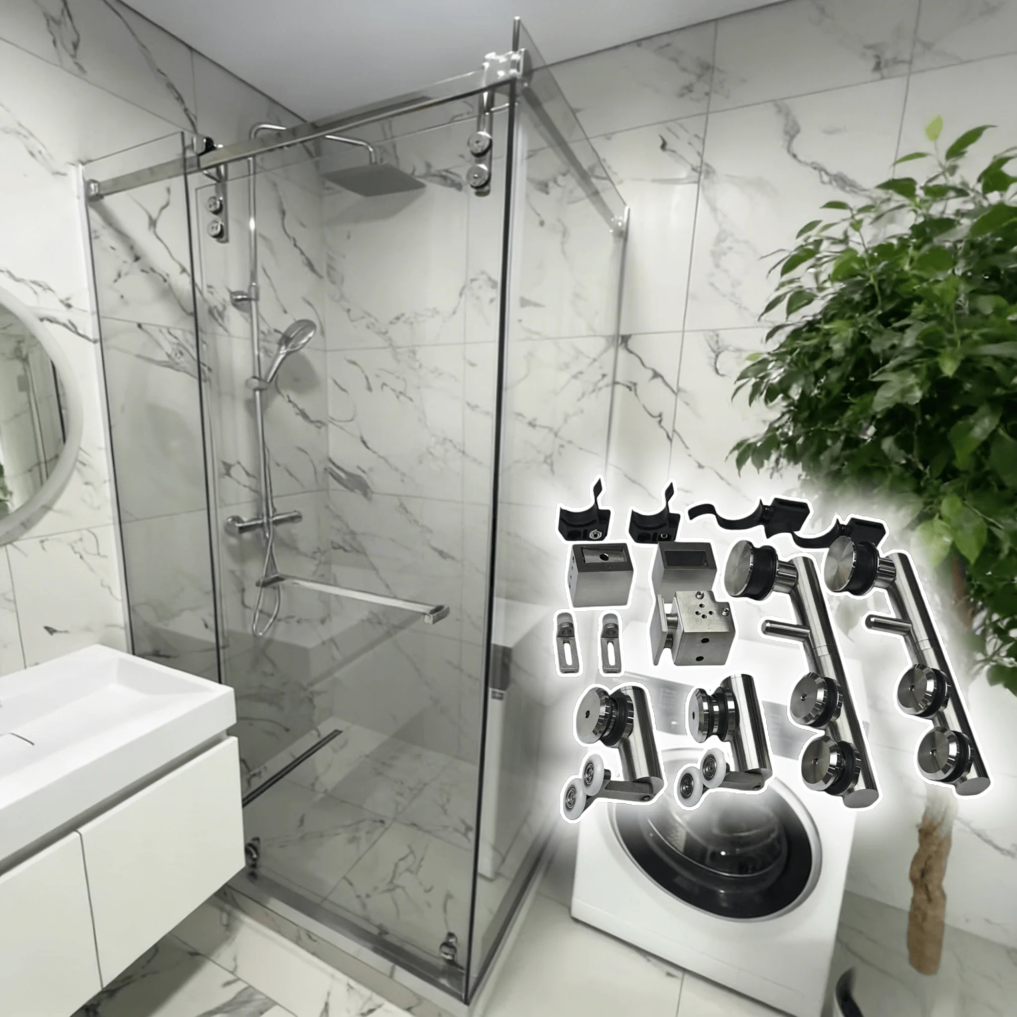 Satin Polish Shower Door System Small Shower Room Door Hardware Kits with Inside Sliding and Double Side Track and Rails QW-209