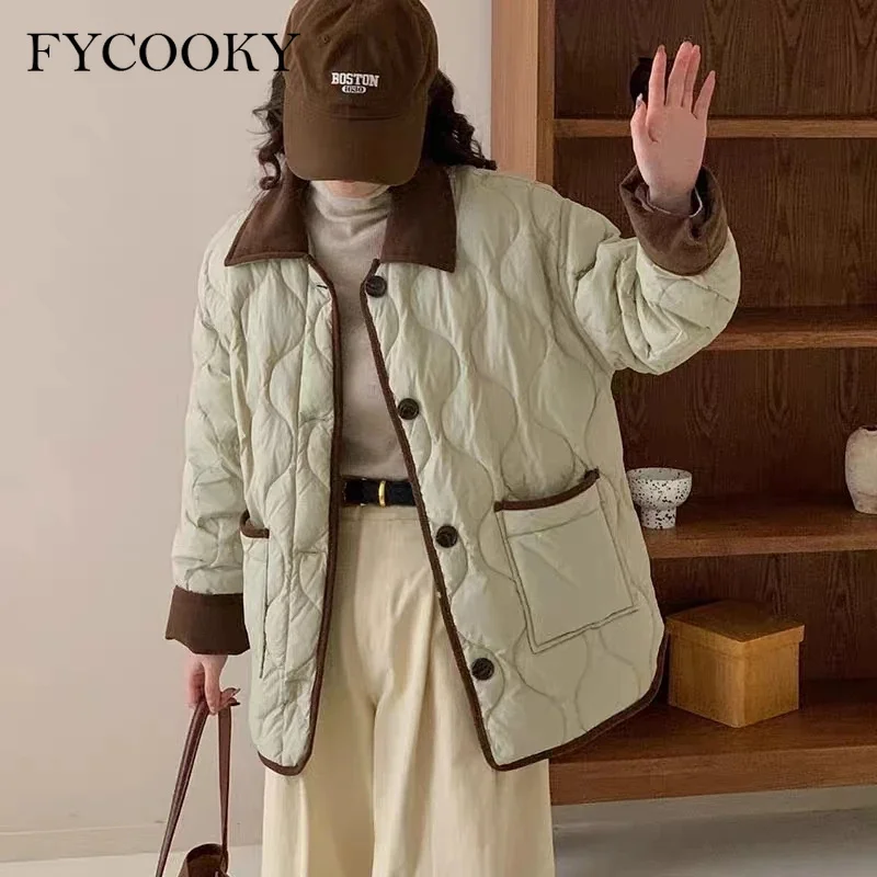 2025 Winter Short Parkas Cotton Jacket for Women Color Contrast Collar Coat Woman Outwear parka mujer