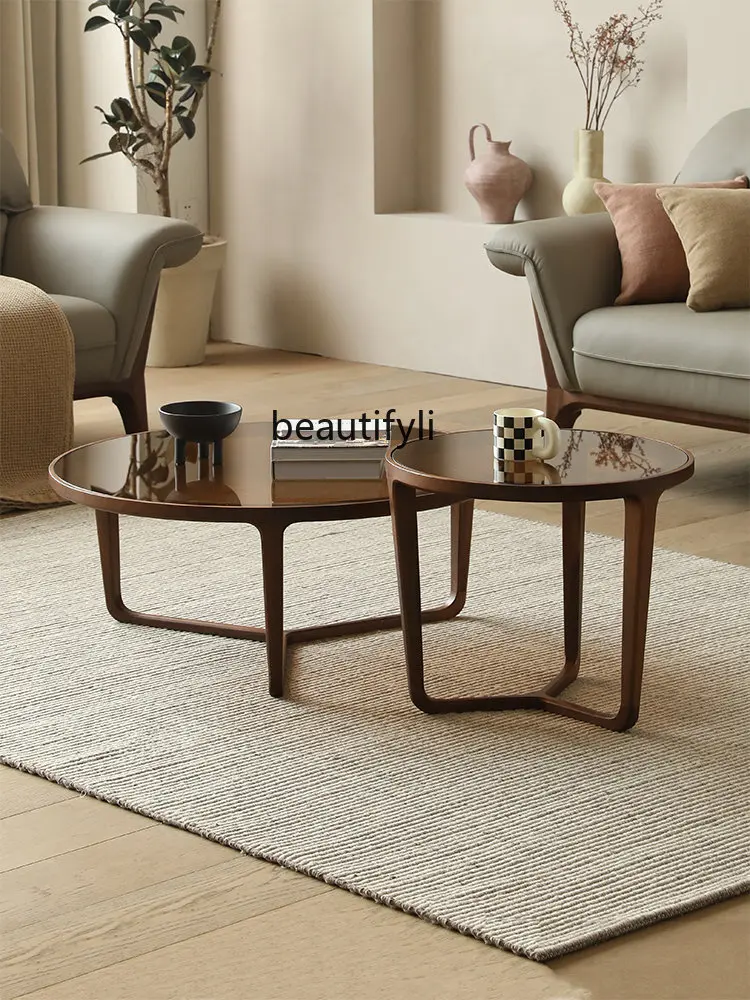 

zq North America Black Walnut Glass Coffee Table Nordic Living Room round Tea Table Italian Home Small round Side Table