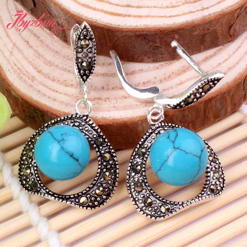 8.10mm Round Exquisite Blue Turquoises Marcasite Tibetan Silver Classical Necklace Pendant 35x45mm Earring 19x25mm Jewelry 1 Set