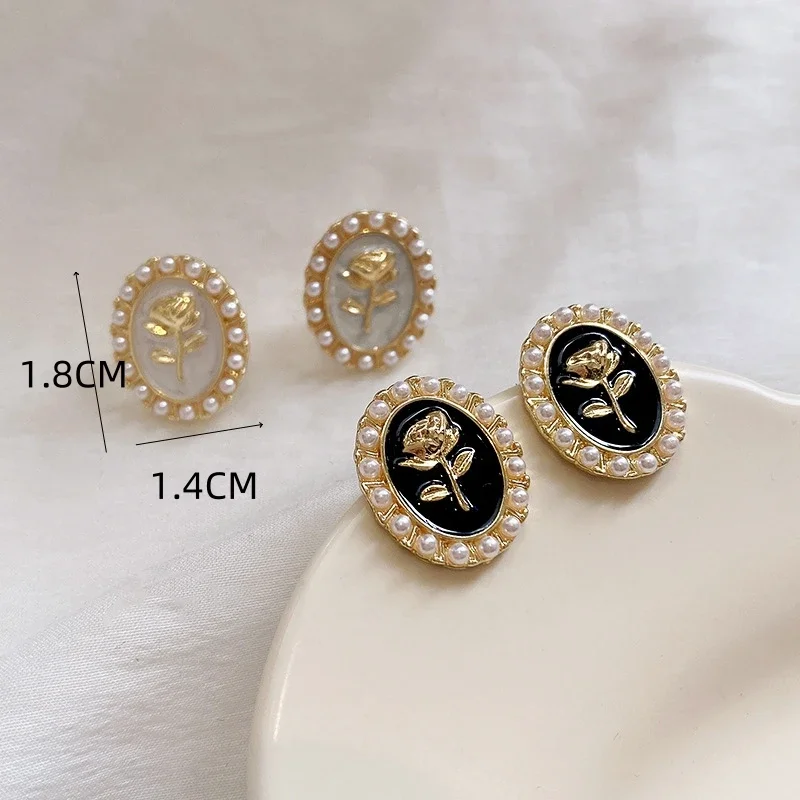 Trendy Camellia Tulip Flower Imitation Pearl Oval Stud Earring for Women Black White Creative Korean Geometry Jewelry Girl Gift