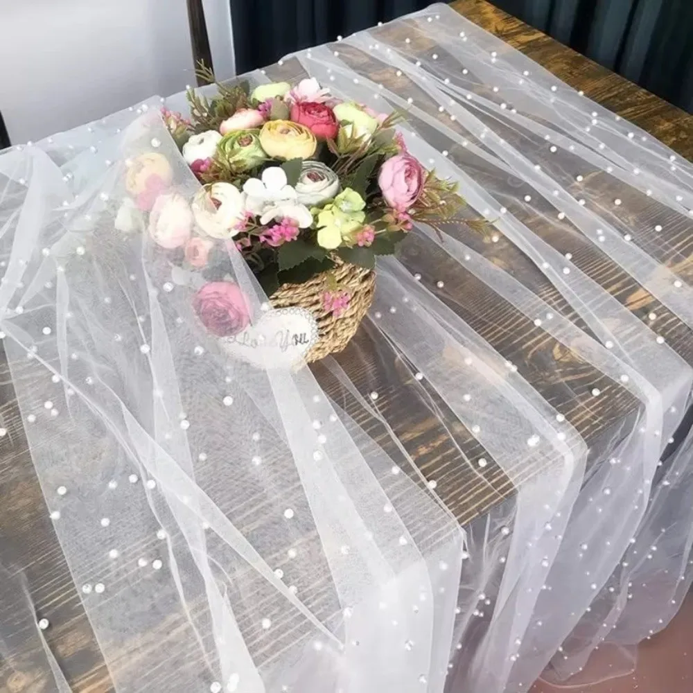 Sheer Drapes Pearl Yarn Table Runner Gauze Mesh DIY Tulle Table Runners Semi Transparent Wedding Tablecloth