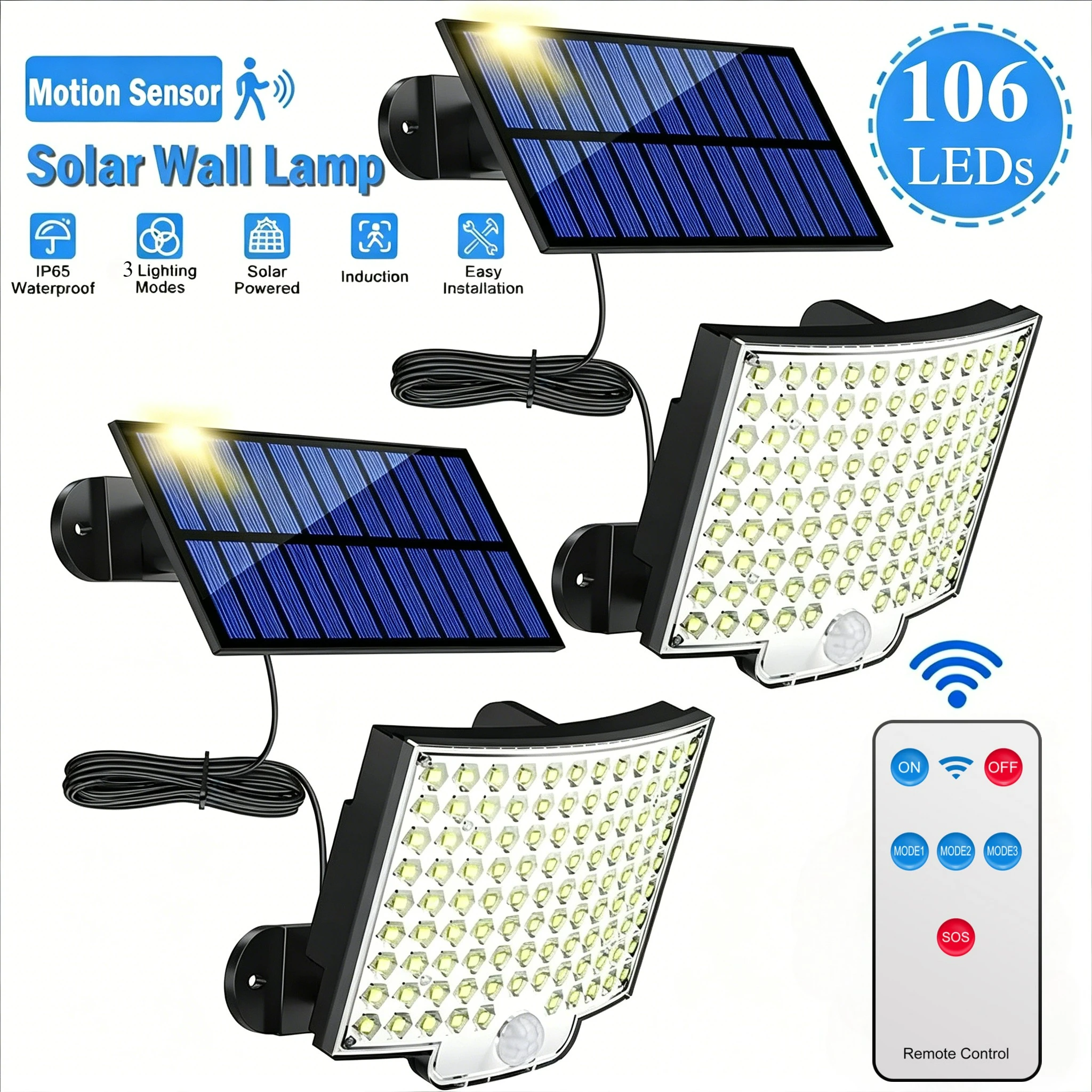 106LED Solar Light Outdoor Waterproof with Motion Sensor Floodlight Remote Control 3 Modes for Patio Garage Backyard Solar Lamp