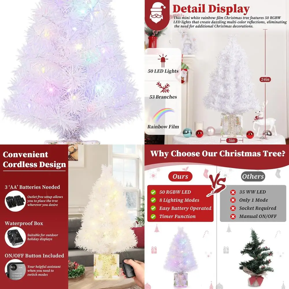 

Белая мини-рождественская елка на батарейках, 2 фута, 50 многоцветных светодиодных фонарей, золотая основа для декора столешницы