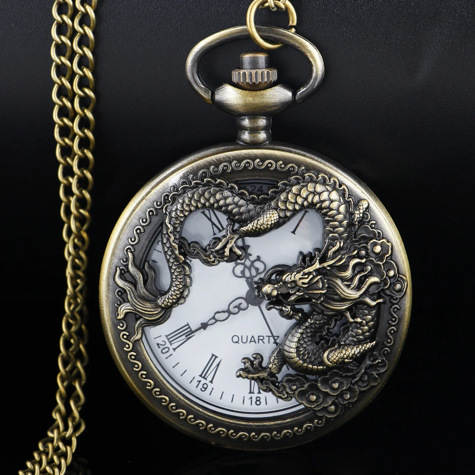 Vintage Steampunk Flying Dragon Embossed Hollow Digital Quartz Pocket Watch with Necklace Pandent Exquisite Gift for Male Women