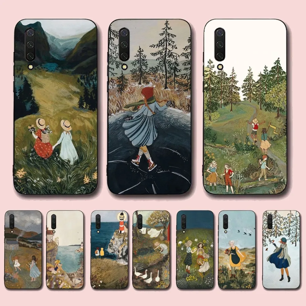 

Cartoon Scenery Girl Phone Case For Xiaomi Mi 5X 8 9 10 11 12 lite pro 10T PocoX3pro PocoM3 Note 10 pro lite