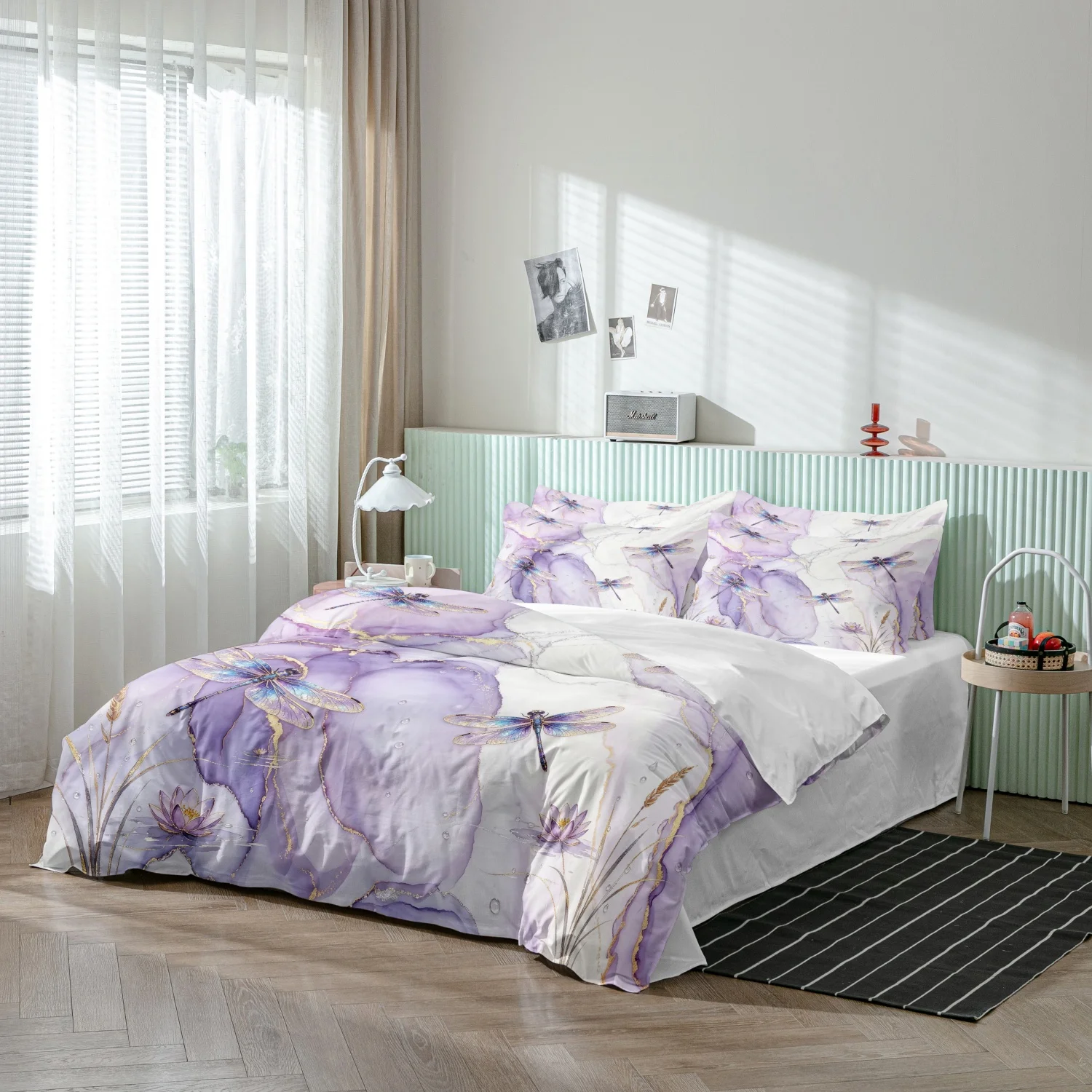 3Pcs Ethereal Purple Marble Dragonfly Print Duvet Cover Set, Gold Foil Veins with Watercolor Lotus Flowers Print Bedding