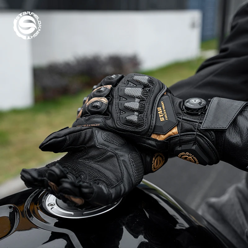 SFK Black-gold Motorcycle Gloves Racing Genuine Leather Knob Tightening Wear Resistant Shock-absorbing Fingertip Touch Design