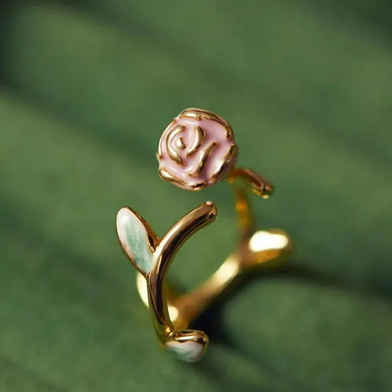 

New Arrived New Year Series Boho Adonis Garden Collection Vintage Exquisite Gentle Pink Rose Enamel Flower Open Ring for Women