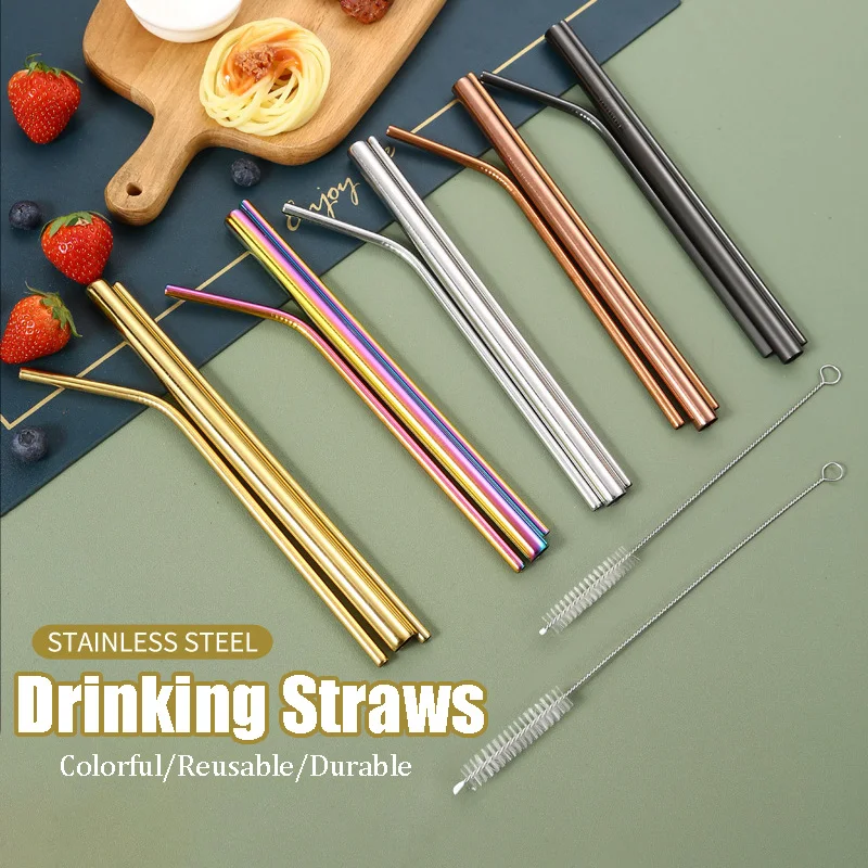 

5pcs/set Reusable Drinking Straws 304 Gold Stainless Steel Straw with Cleaner Brush Straight Bent Metal Straws Bar Accessories