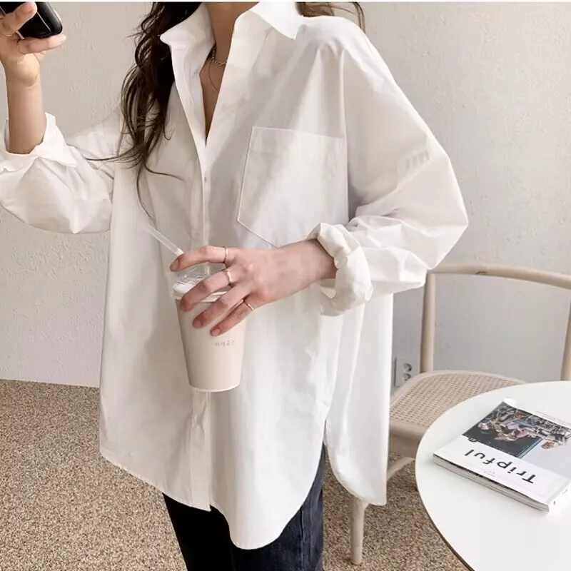 2024 Office Lady Elegant White Casual Loose Blouses Fashion New Cotton Long Sleeve Women Shirt Turndown Collar Tops