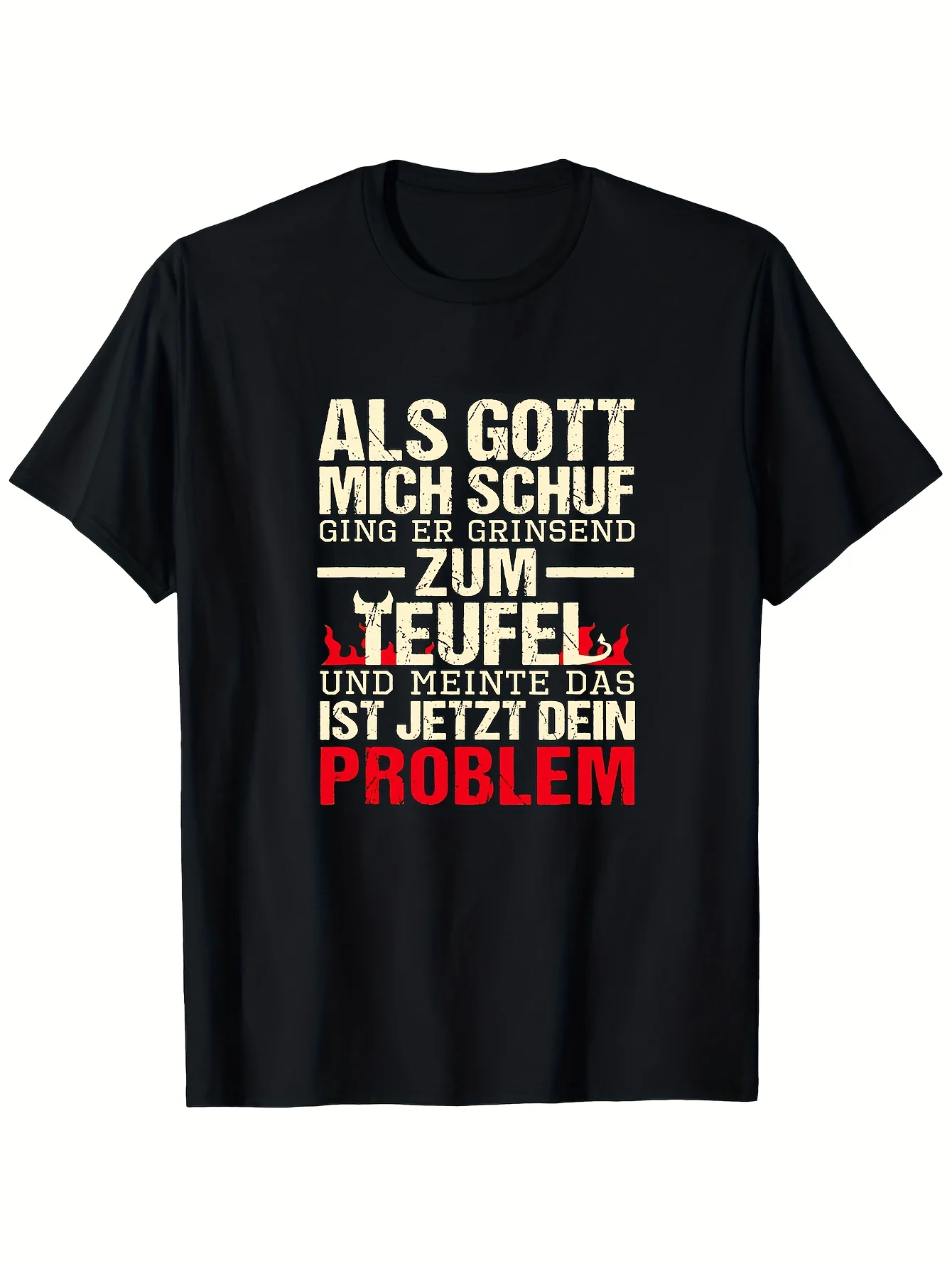 Men's Funny German Quote T-Shirt- When God Created Me He Went Grinning to Hell Vintage Black Tee with Red White Text, Casual Short Sleeve Round Neck Shirt for Gym, Outdoor Activities Casual Attire- Humorous Gift for Men