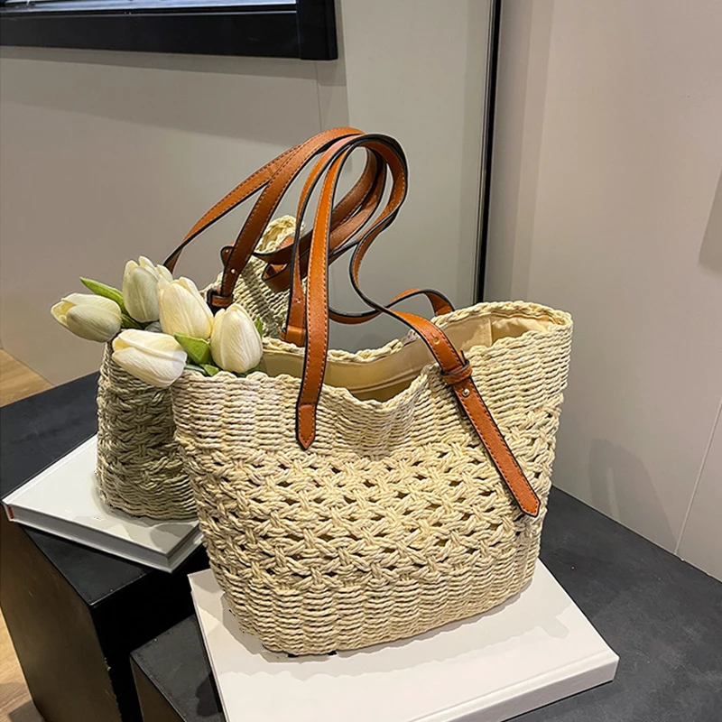 Designer Casual Rattan Wicker Tote Bag Große Kapazität Gewebt frauen Sommer Strand Stroh Handtasche Dame Reise Großen Korb – Detail 23