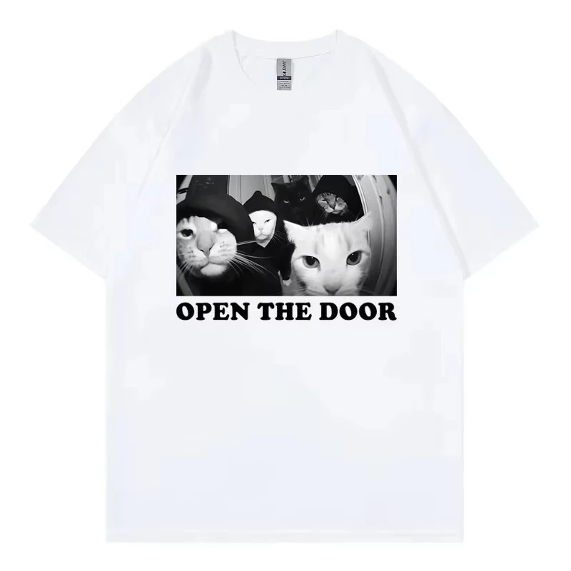 Open The Door Funny Cat Gang Meme T-shirt Men Women High Street Fashion Trend T Shirt Summer Casual Loose Short Sleeve T-shirts