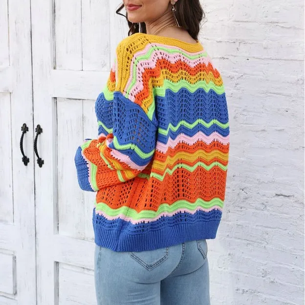 여성용 레인보우 스트라이프 패치워크 스웨터 가을 겨울 신상 슬리 스트리트 슬리 롱 스웨이트 원숄더 니트 탑