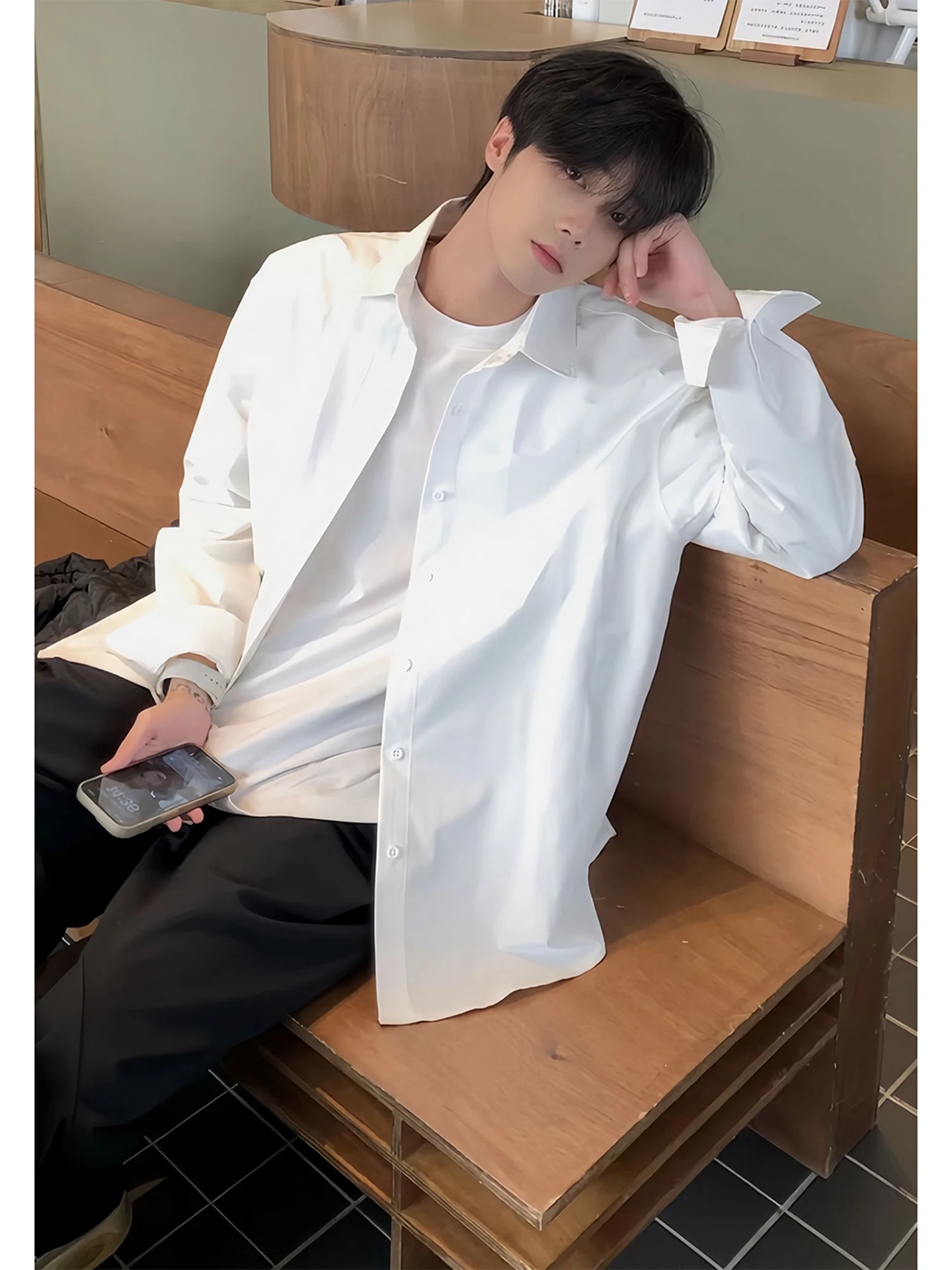 

White Long Sve irt for Men Clean Fit Teenage Boy's Autumn Sun Protection Loose Sle Regular Length Sle Butto...