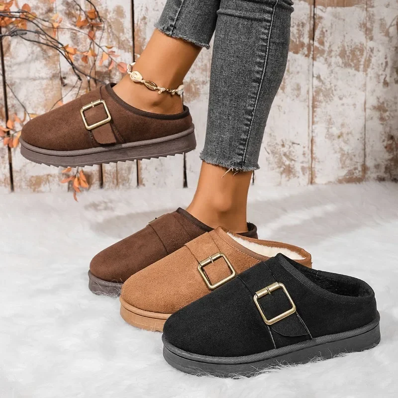 

2025 Platform Thick-soled Plush Female Flip Flops Cover Toe Loafers Slipers Women Plush Rubber Fur Slip-on Snow Boots Kids Shoes