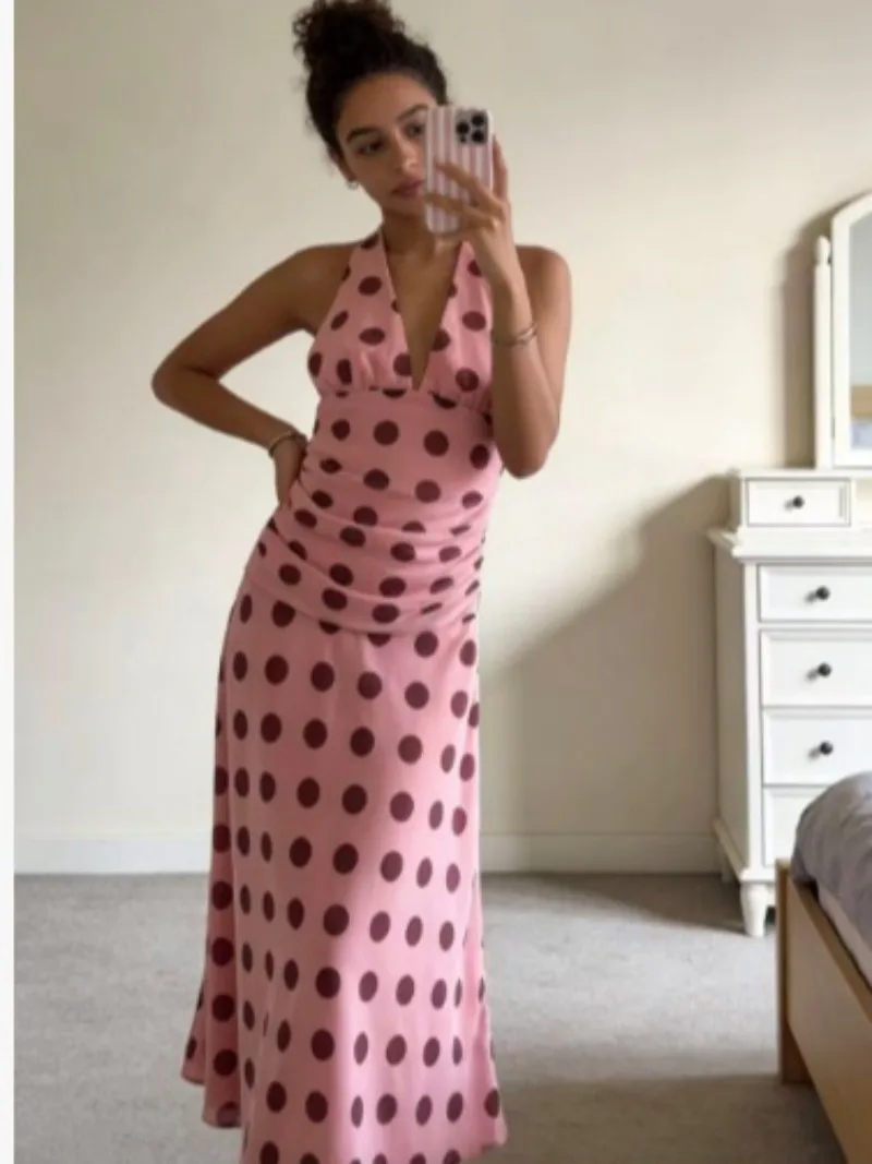 

Праздничное винтажное пляжное вечернее платье с открытой спиной для женщин, новинка лета 2024, женское модное простое длинное платье с волнистым воротником в горошек