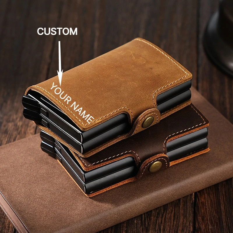 Custom Engraved Logo RFID Double Layer Aluminum Box Automatic Pop Up Card Clip Genuine Crazy Horse Leather Men Bank Card Bag