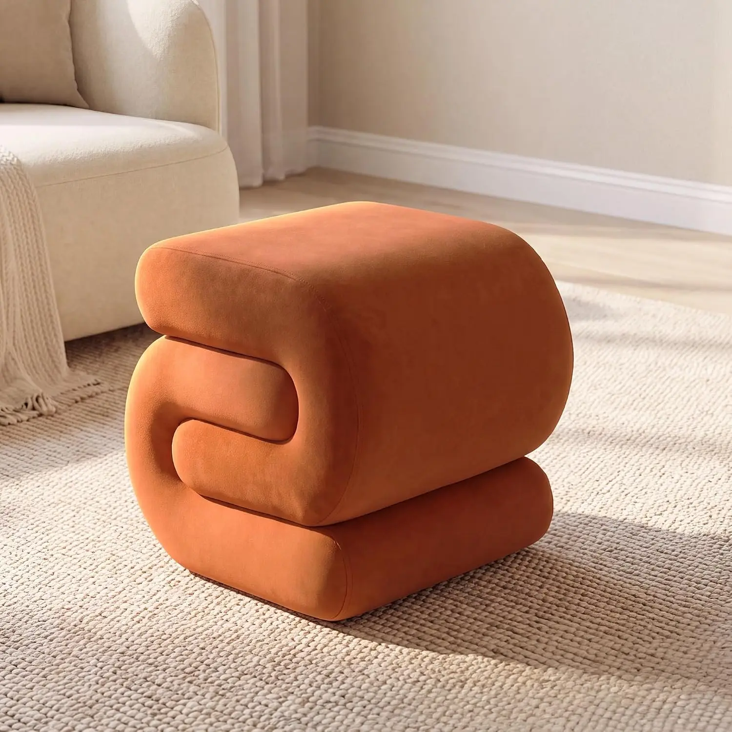 Velvet S Shape Pouf Ottoman Stool, Sponge Filling No Assembly Soft Seat, Makeup Living Bedroom Entrance, Customized